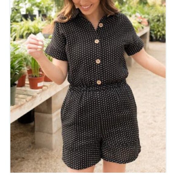 Orange Creek Black & White Polka Dot Romper Women's Size X-Large Casual Preppy - Picture 1 of 14